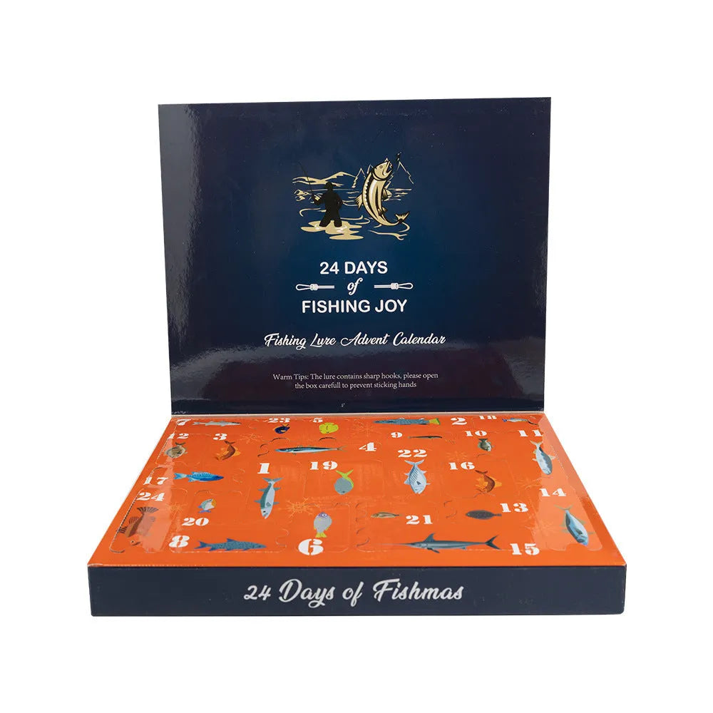 Closed blind box containing a 24-piece metal Christmas Mino Bog fishing set with tackle.