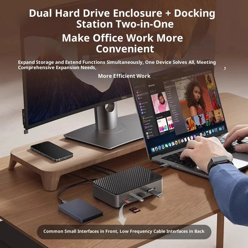 8-in-1 USB 3.2 M.2 hard disk docking station with gigabit network port and 4K HD in black aluminium alloy