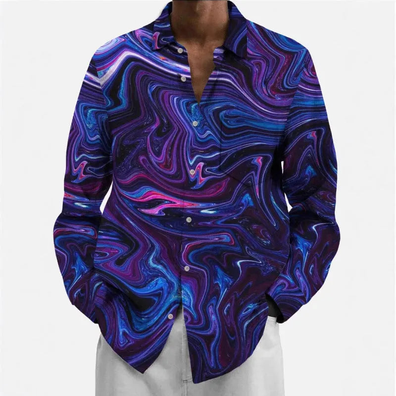 Man wearing a multi-colour patterned long sleeve cardigan shirt for casual leisure.