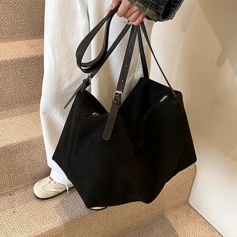 Women's large capacity fashion suede pillow shoulder bag in khaki, made of PU with slit pocket
