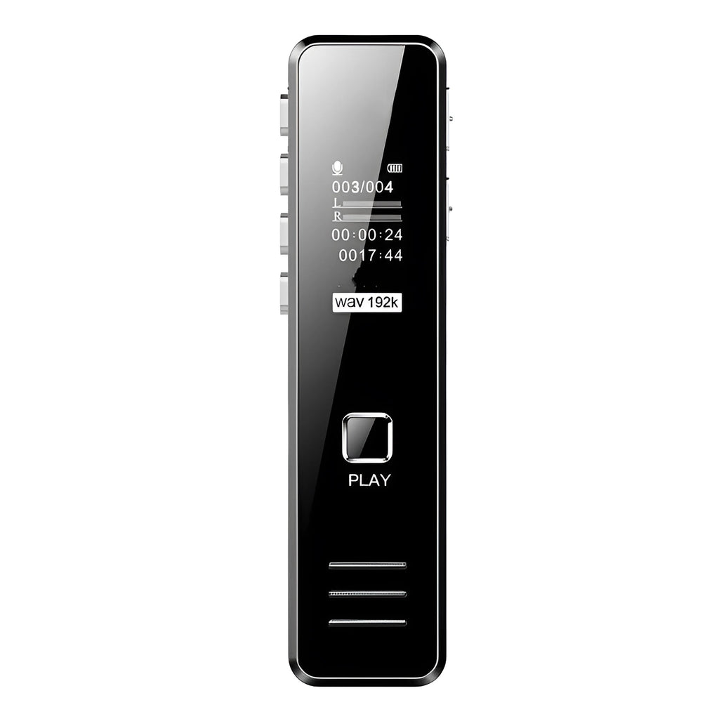 Mini portable digital voice recorder in gold or black with display screen and compact plastic housing