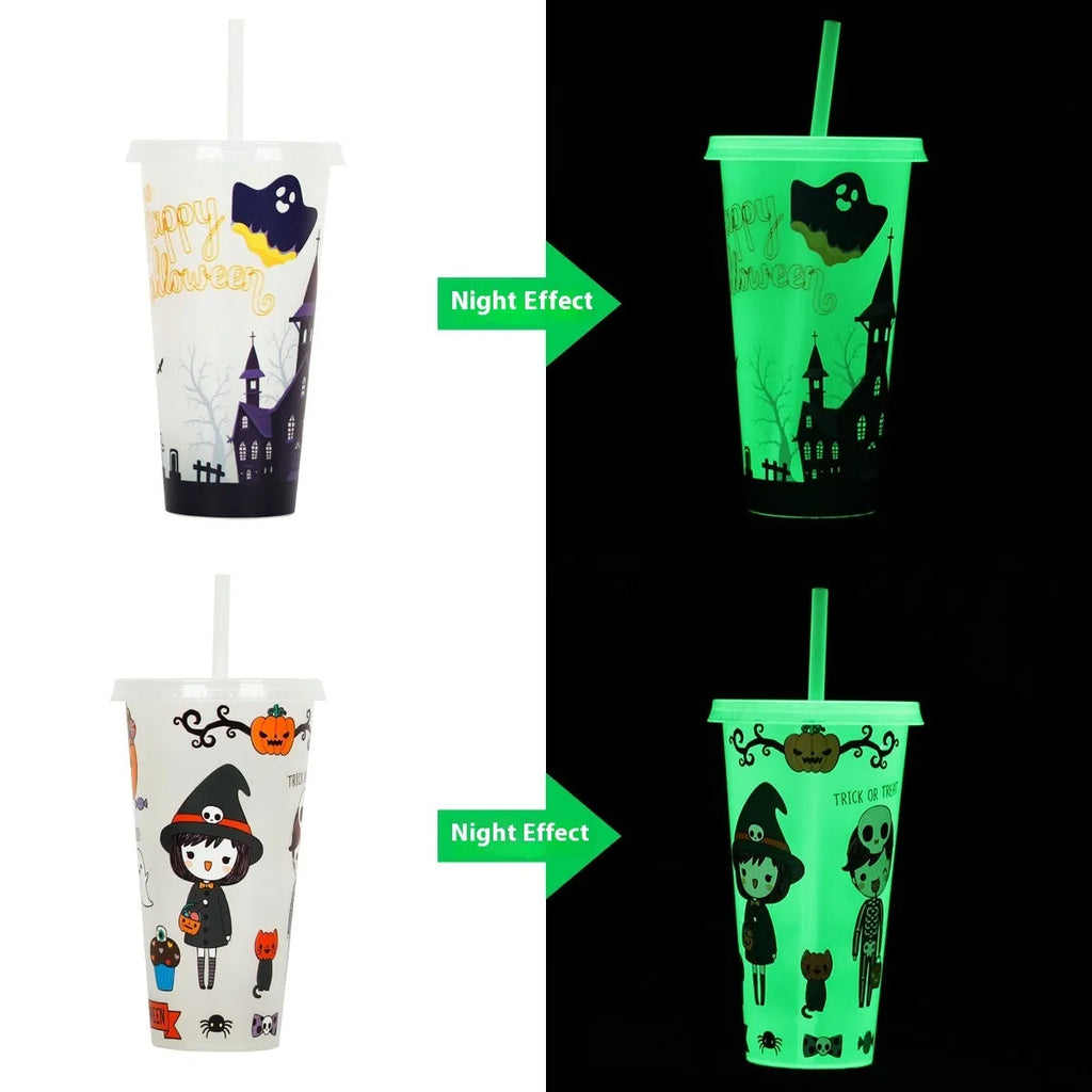 Halloween luminous plastic straw cup with 720ml capacity on a table.