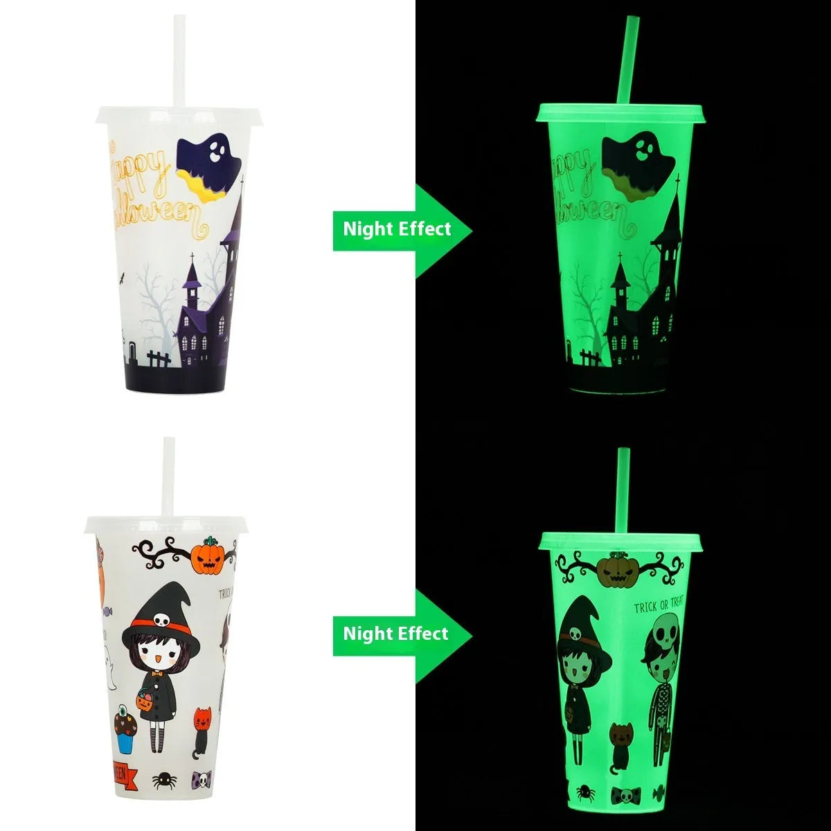 Halloween luminous plastic straw cup with 720ml capacity on a table.