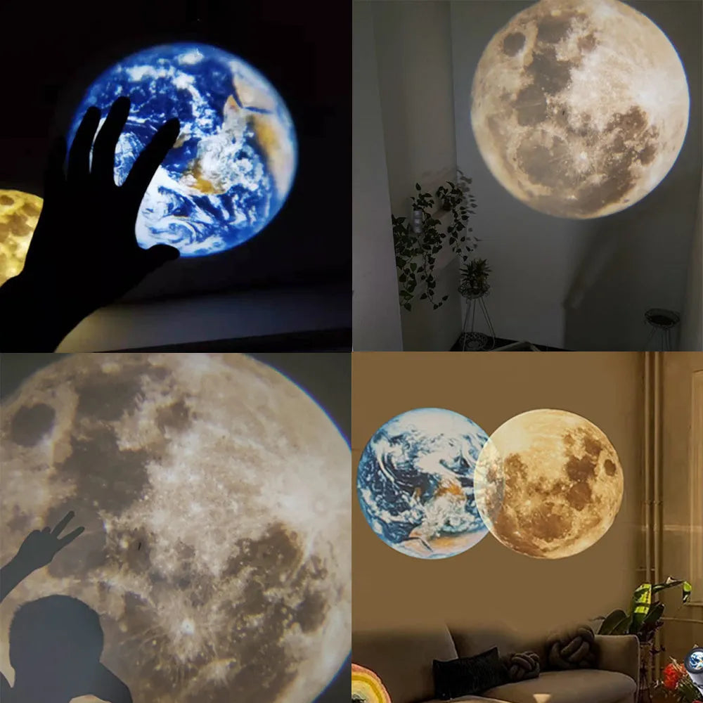 Earth and Moon star projection lamp with adjustable hose bracket showing both celestial projection effects