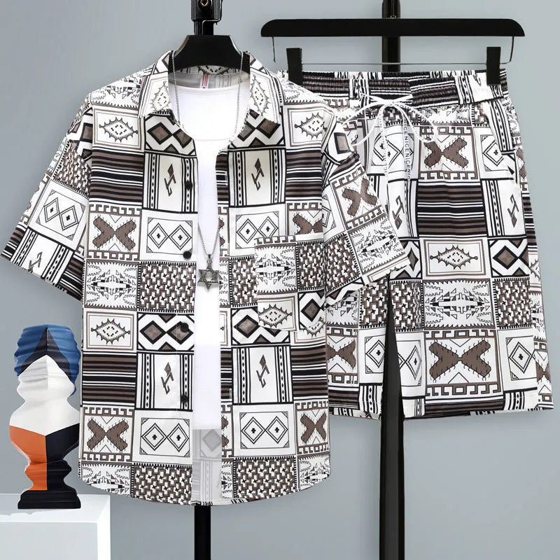 Men's casual sports set with a grey short-sleeve top and matching shorts on a hanger.