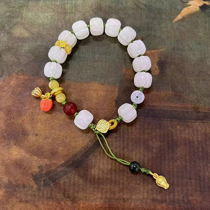 White jade Bodhi bracelet with lotus beads, pumpkin beads, and adjustable open rope design