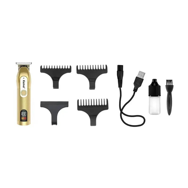 LCD digital display USB high power electric hair clipper in gold and black with limit combs