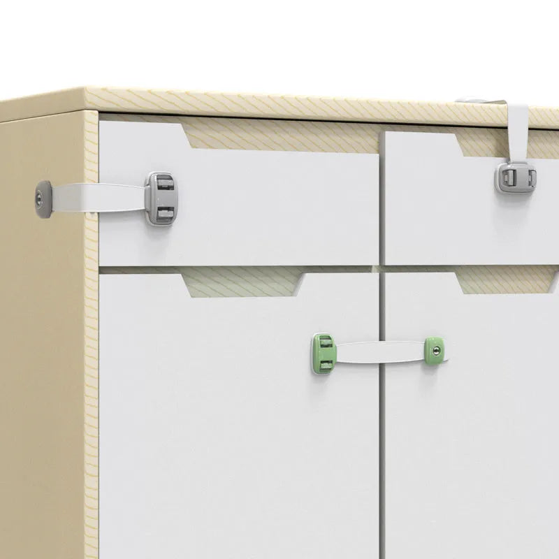 Adjustable child safety cabinet lock with strap showing grey and green colour options