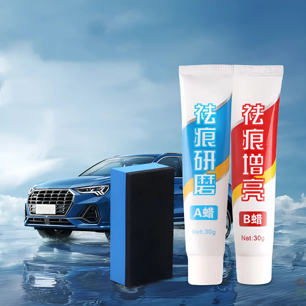 Car scratch repair wax kit showing A wax, B wax, and a frosted sponge mop for paint polishing