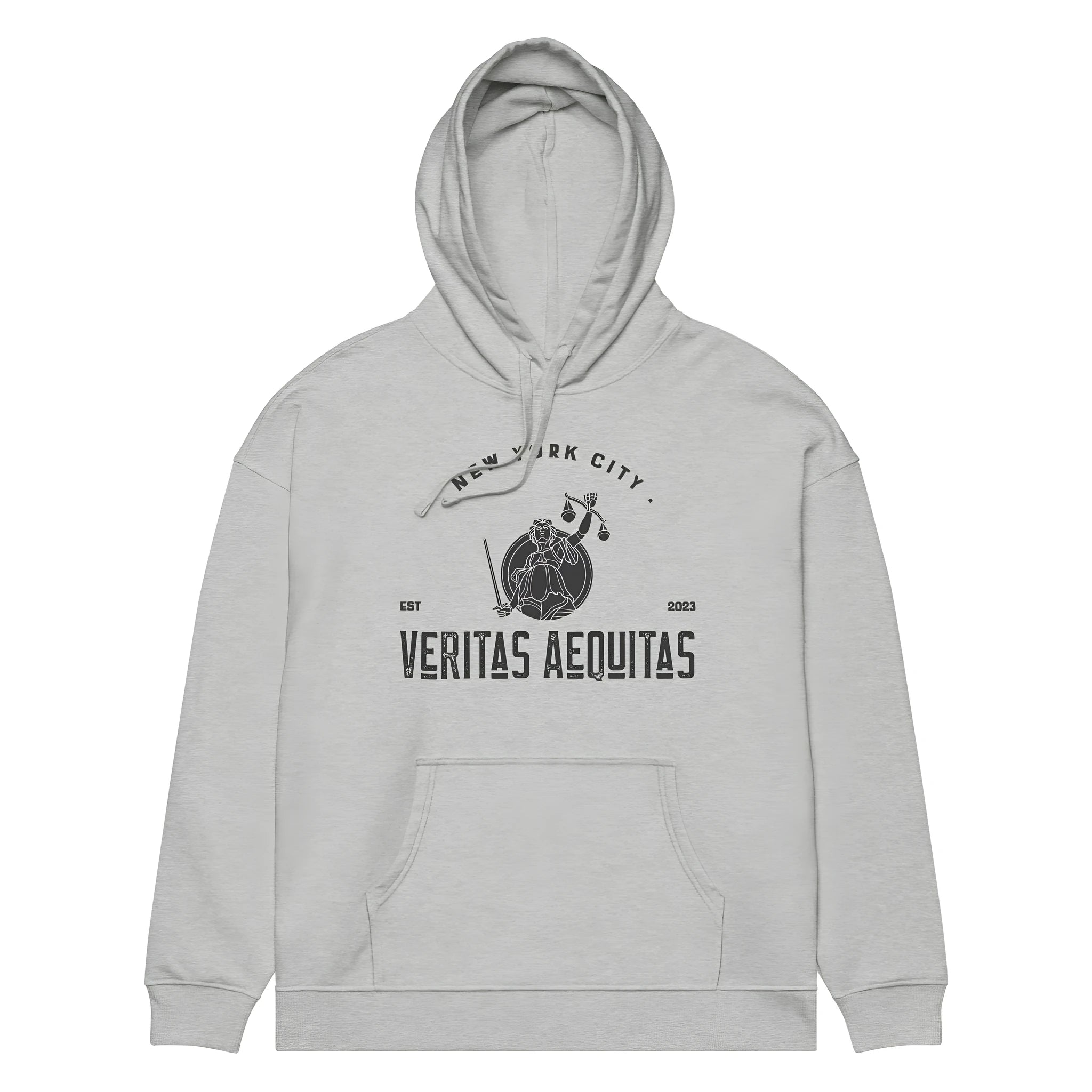 Drop-shoulder loose pullover hoodie in gray with front pocket, polyester fabric, casual style