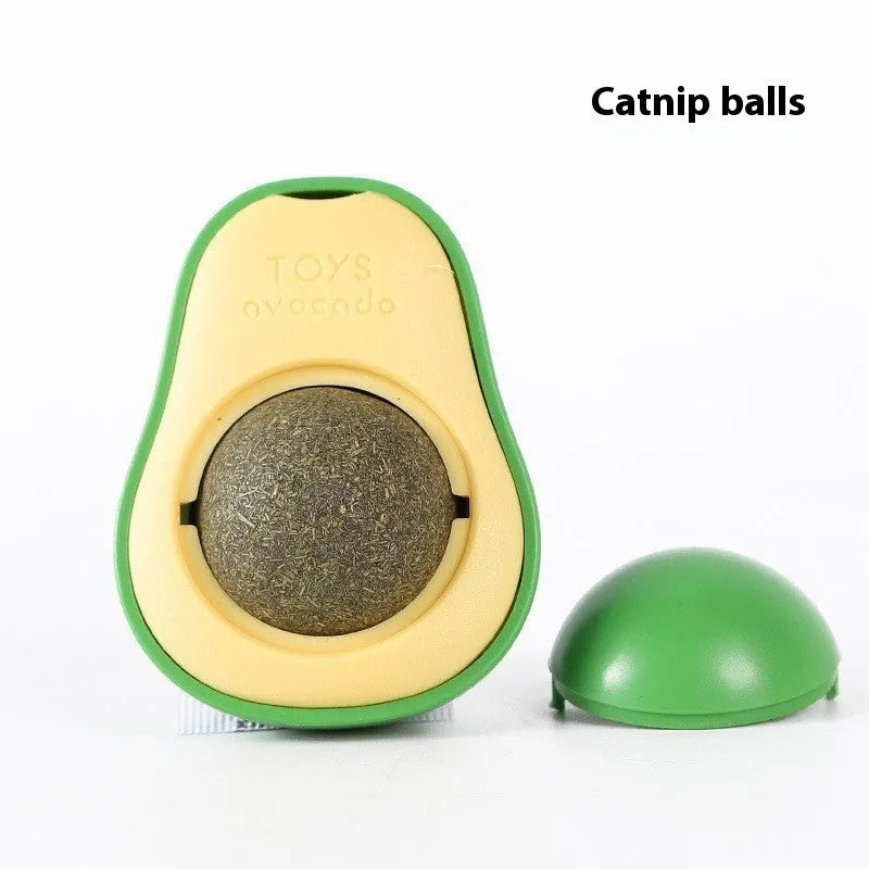 Colourful plastic catnip ball chew toy for dental care on a white background.
