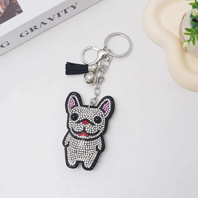 French dog cartoon rhinestone keychain pendant in alloy with tassel design