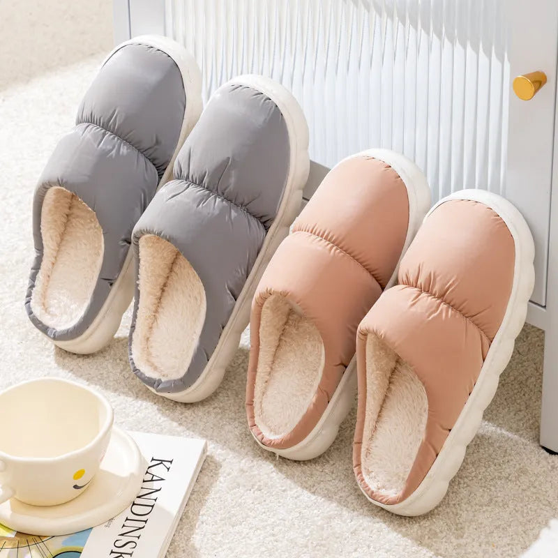Blue down cotton slippers with artificial leather upper and thick rubber sole for indoor use