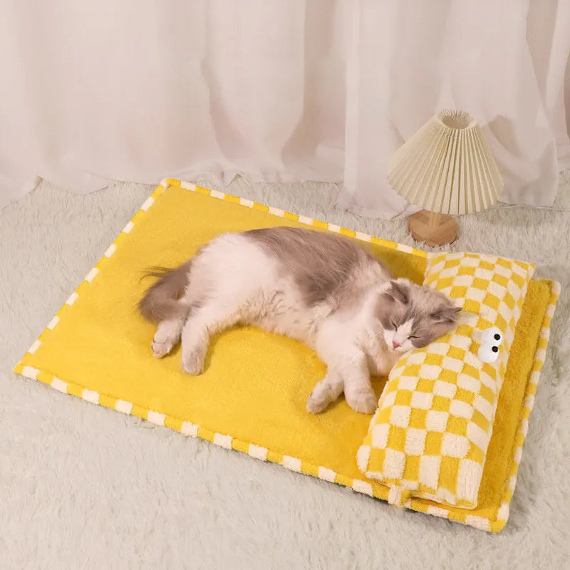 Grey and yellow pet sleeping mat in four sizes for cats and dogs