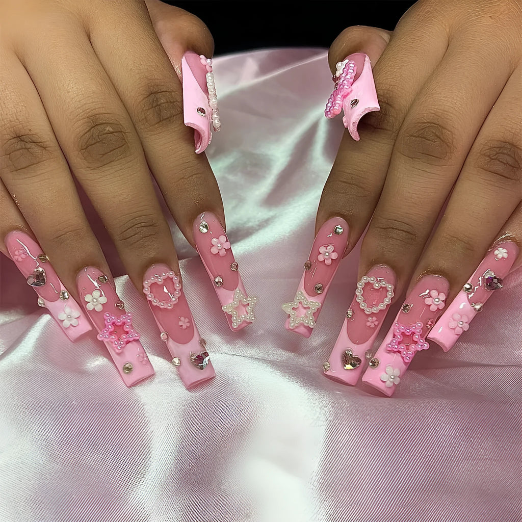 French style long water pipe wearable nails with a bow detail in colour XB-70-48.