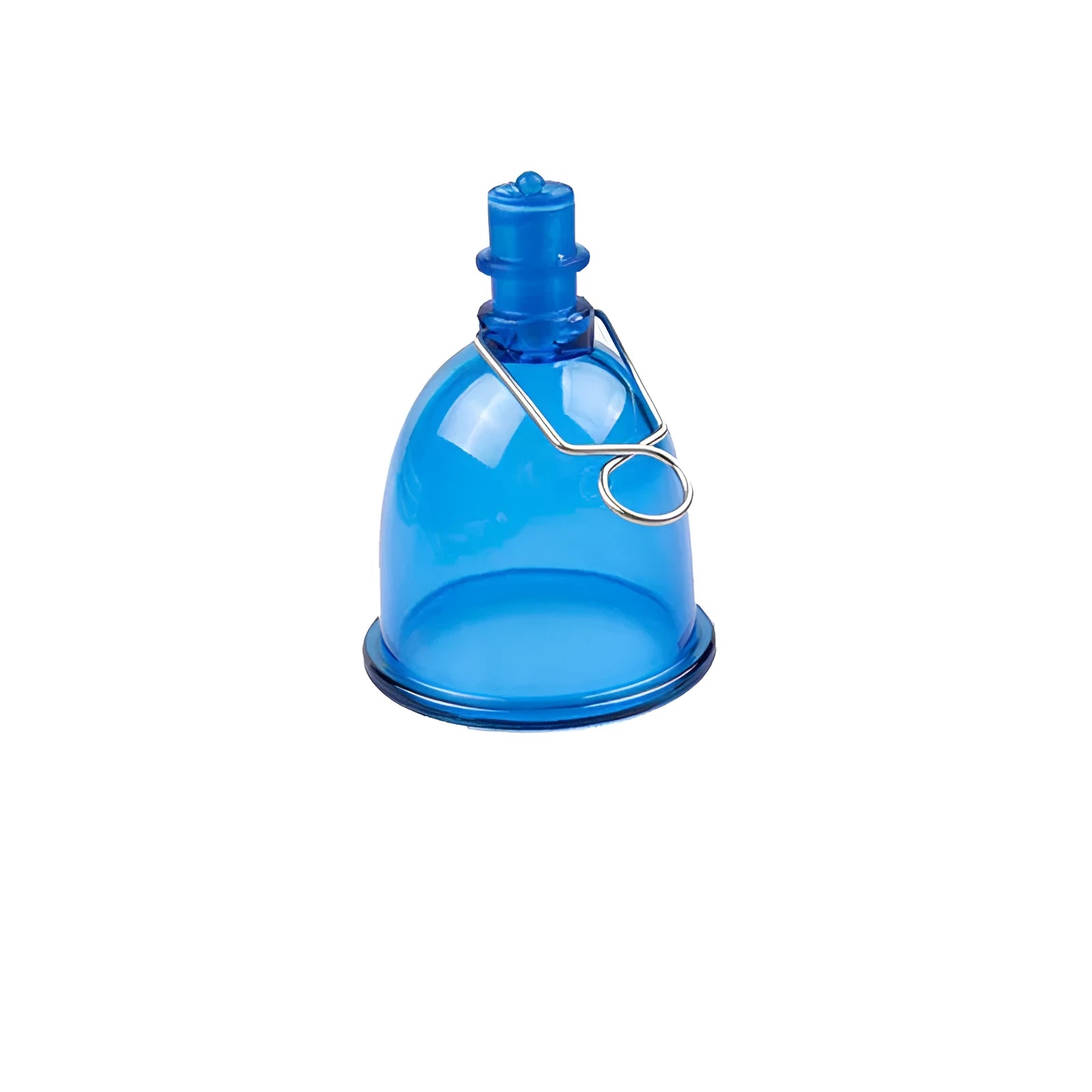 Blue silicone male masturbator cup showing physical stretch exerciser design in three sizes: small S, medium M, large L