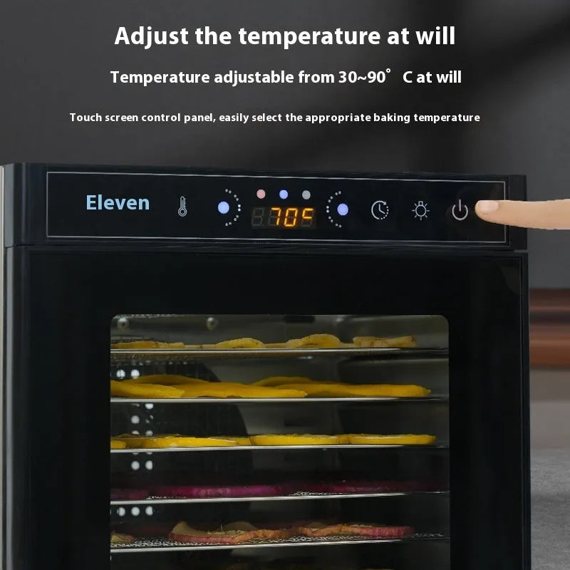 Stainless steel fruit dehydrator with multiple trays and LED control panel.