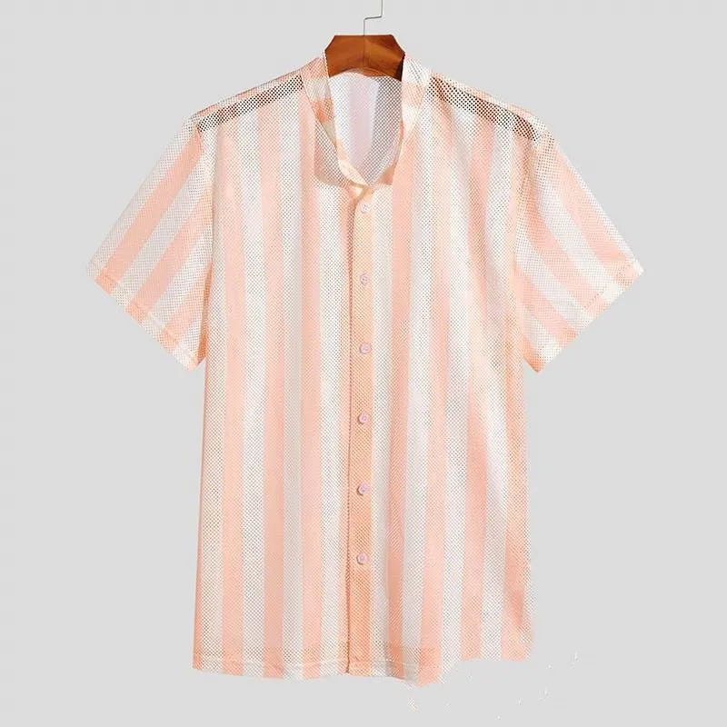 Men's pink waffle knit summer shirt with short sleeves and loose cardigan style