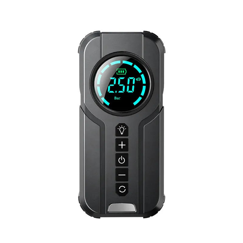 Black portable vehicle tyre inflator with ABS plastic housing, digital display, and multiple nozzle adapters on white background