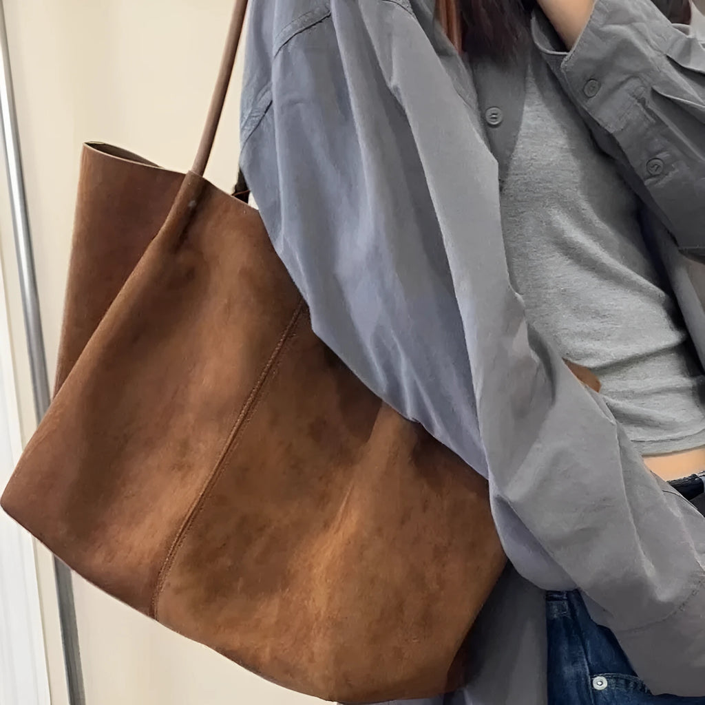 Coffee colour large capacity PU tote bag with double joint shoulder straps and three-dimensional outer pocket for autumn winter commuting