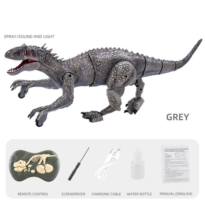 Simulated dinosaur model toy in grey with remote control, 3D eyeballs, and body swing features