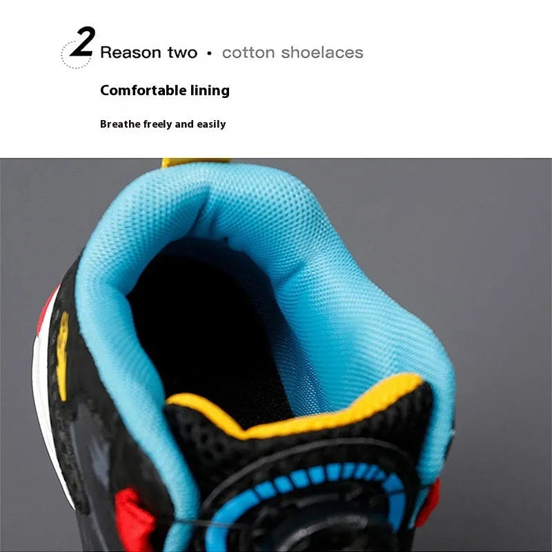 Children's rotating button basketball shoes in black synthetic leather with a white and blue accent.