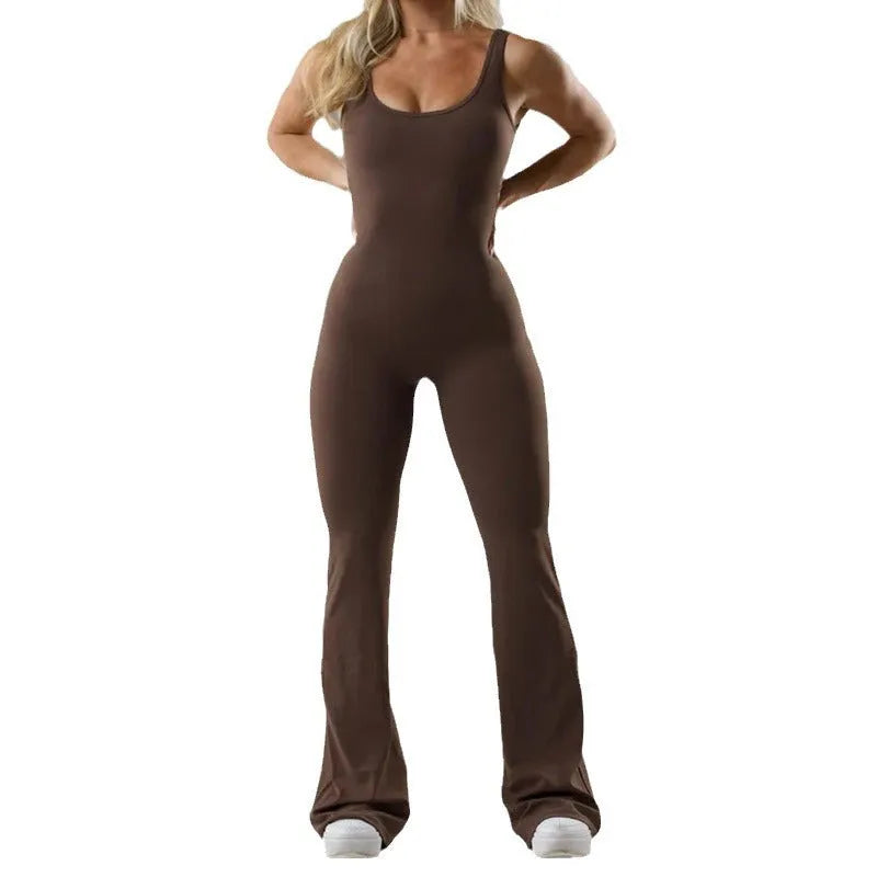Women's tight yoga bodysuit in milk silk polyester with mid waist design and built-in chest pads