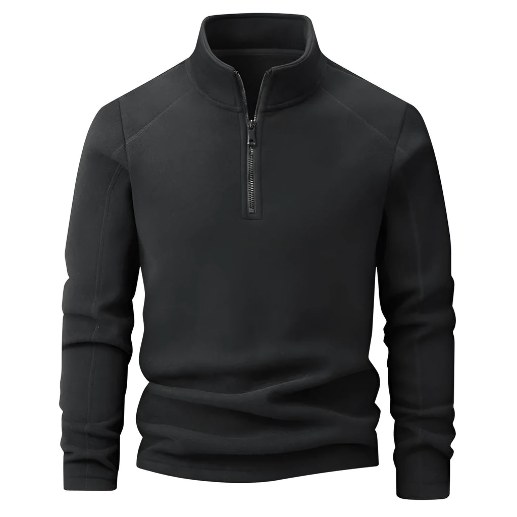 Men's stand collar half-zip long sleeve fleece sweatshirt in dark gray, loose fit polyester, front view