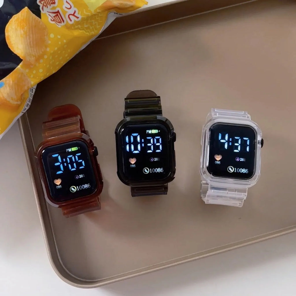 Square LED electronic watch with 45mm rectangle dial, plastic strap, plastic watchcase, transparent colour option.