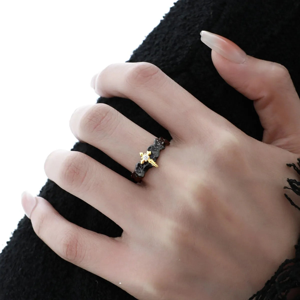 Princess Knight couple ring with adjustable opening in silver with white gold or black gold electroplated finish.