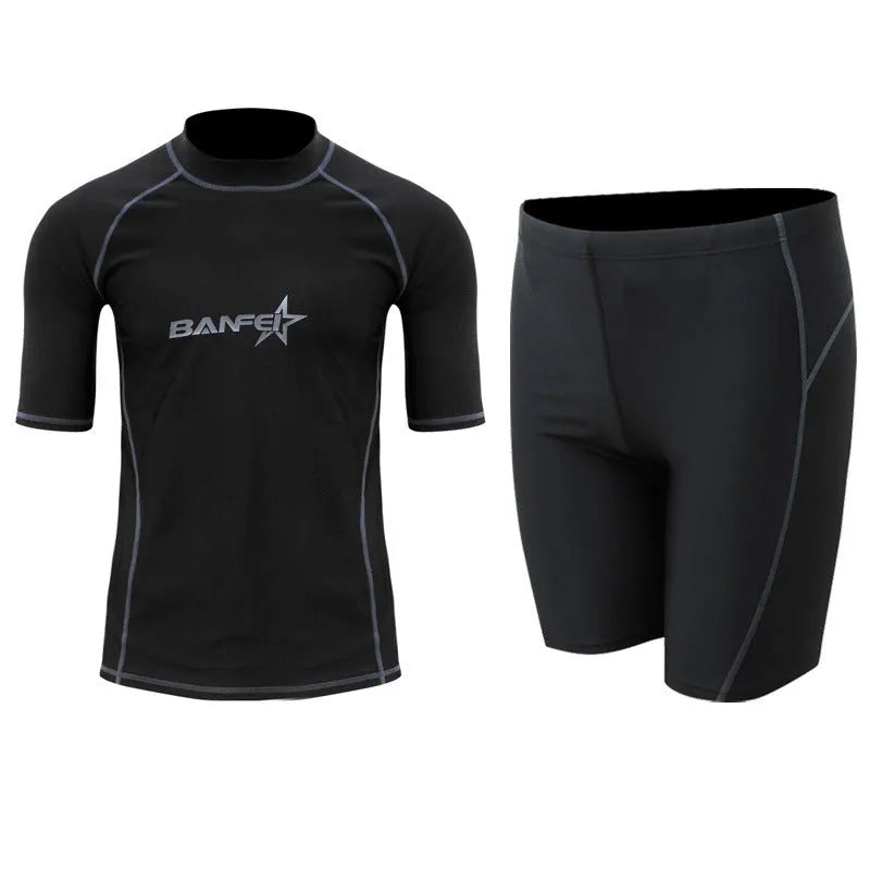 Men's quick-dry half sleeve swimsuit suit for snorkelling, showing separate nylon top and pants.