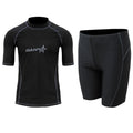 Men's quick-dry half sleeve swimsuit suit for snorkelling, showing separate nylon top and pants.