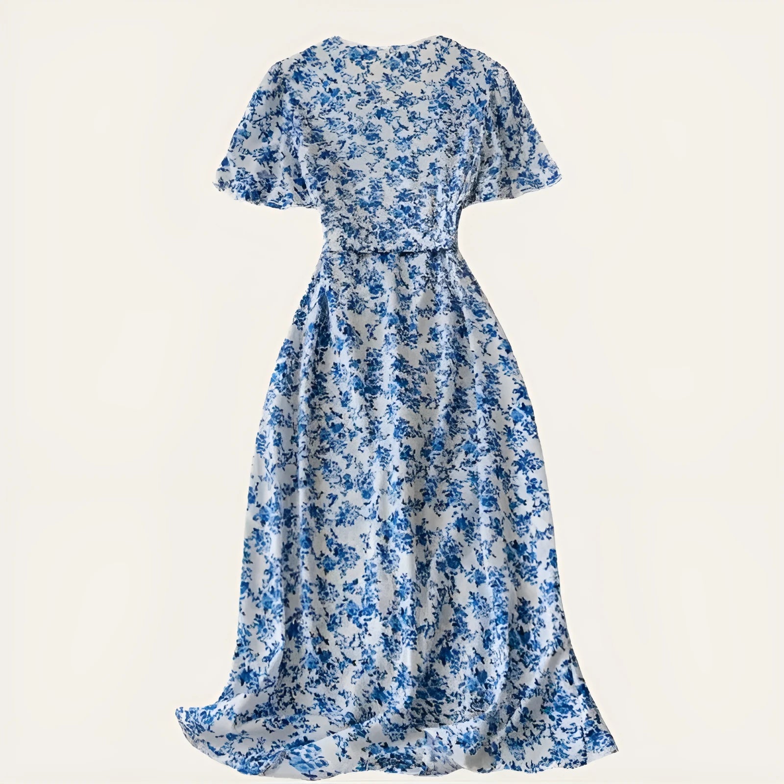 Short-sleeved V-neck A-line flared floral dress with bow at high waist, mid-length polyester dress