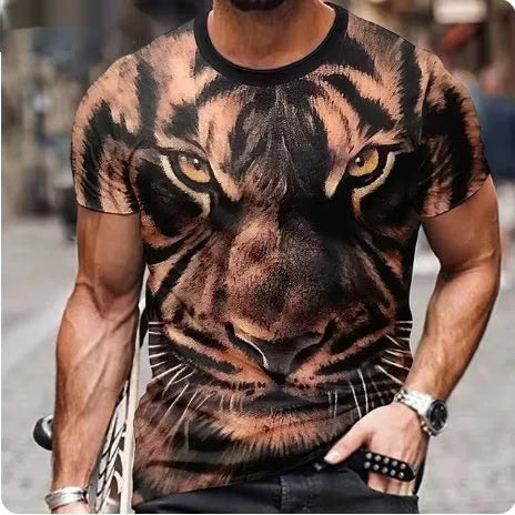 Men's black T-shirt with a raised 3D printed graphic of a fierce lion's face on the front.