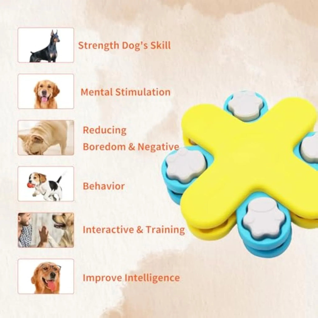 Yellow three-layer rotating dog puzzle feeder toy with removable lids and non-slip base