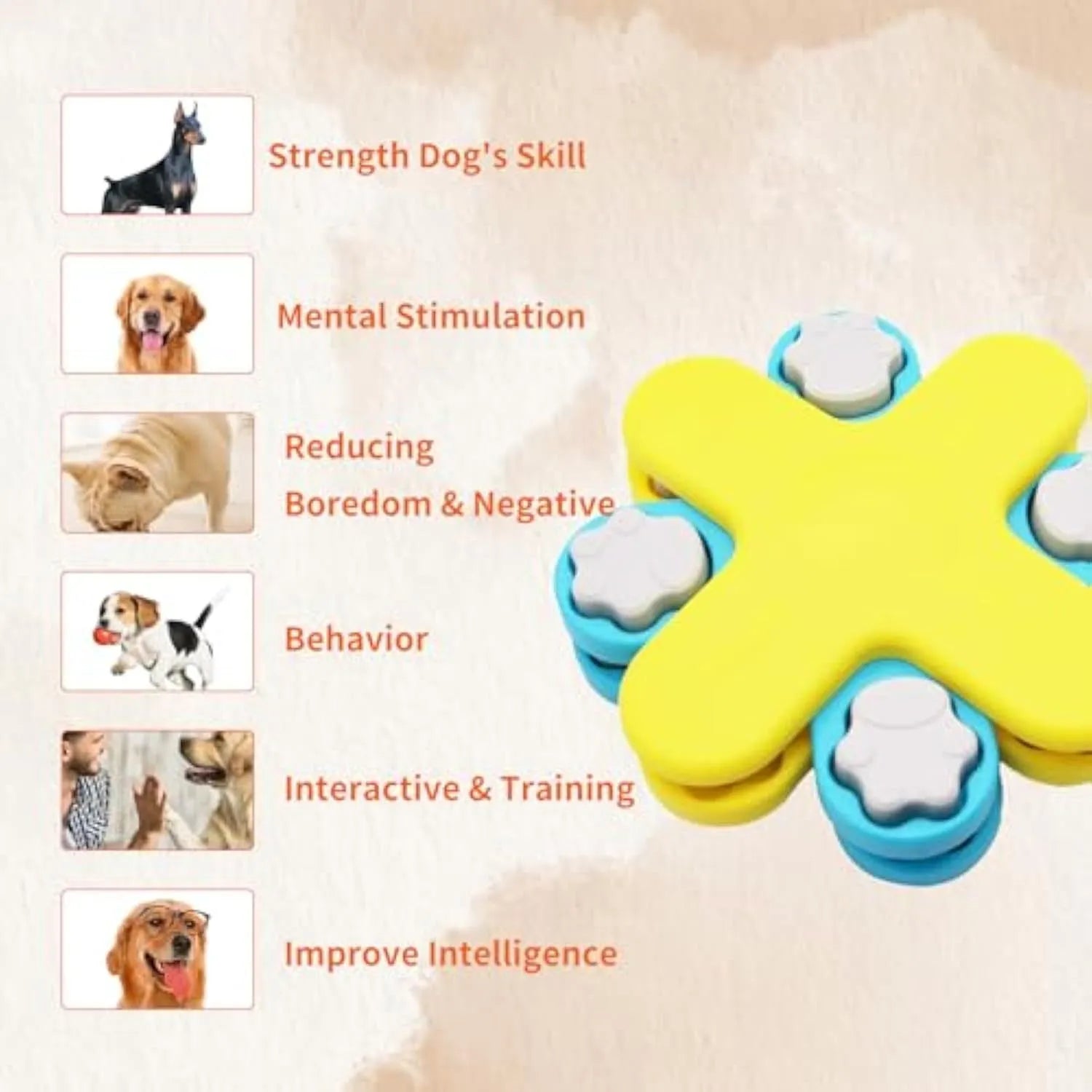 Yellow three-layer rotating dog puzzle feeder toy with removable lids and non-slip base