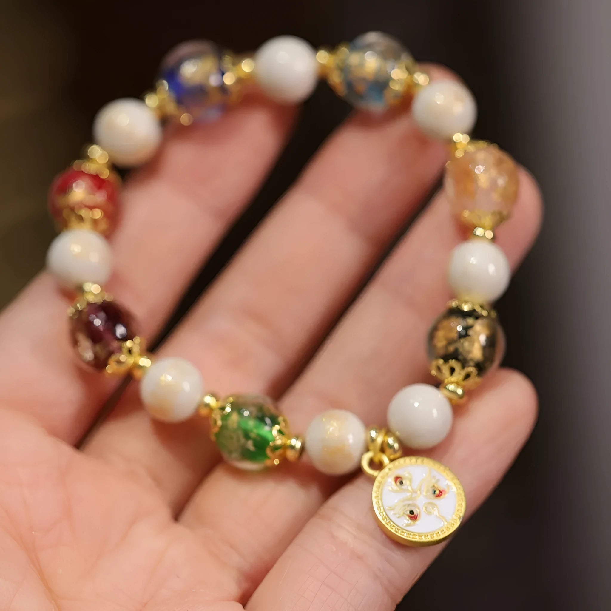 Handmade glass bracelet with five gods of wealth theme and 10mm geometric beads in national style design