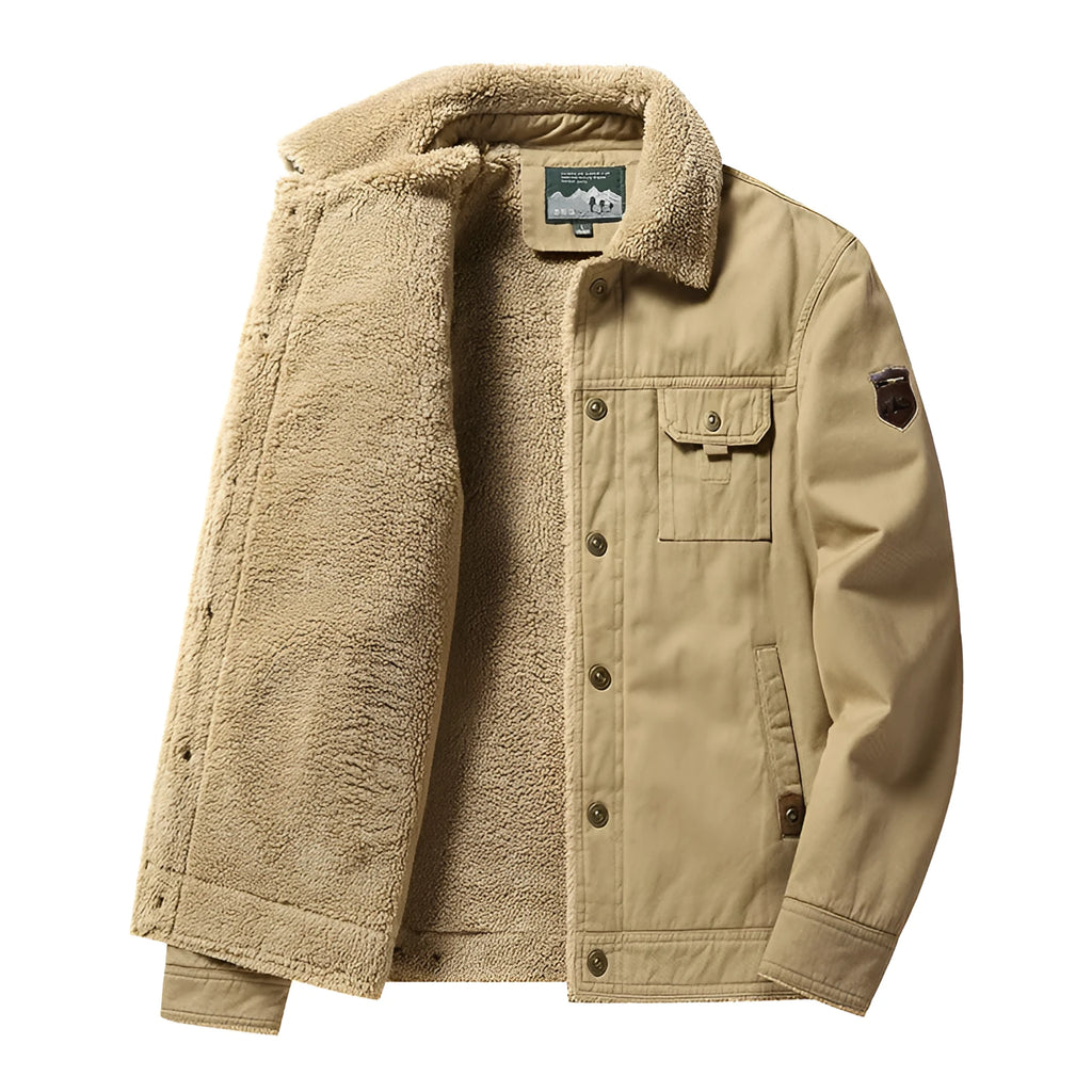 Men's fleece-lined cotton casual jacket with polo collar in khaki, regular fit, available in multiple sizes