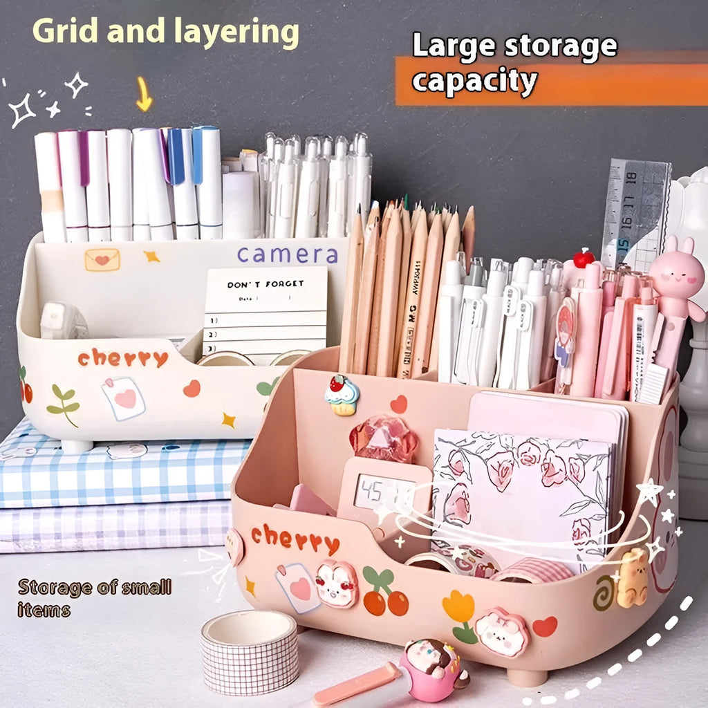 Plastic student desktop pencil case with 5 grid storage compartments, pens inside, in a milky white colour with stickers