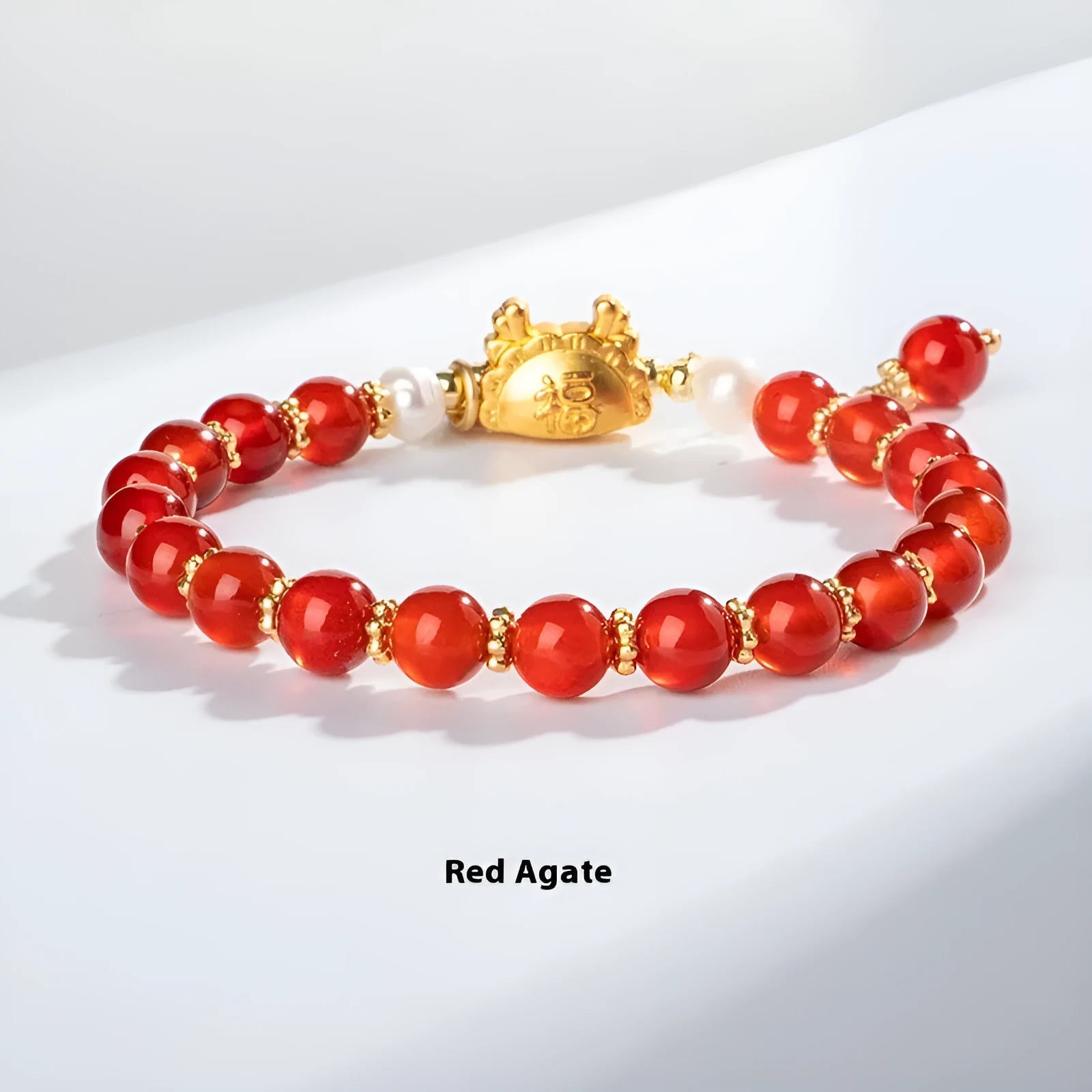 Natural agate bracelet with 8mm diamond-shaped beads featuring dragon zodiac design in five colour options.