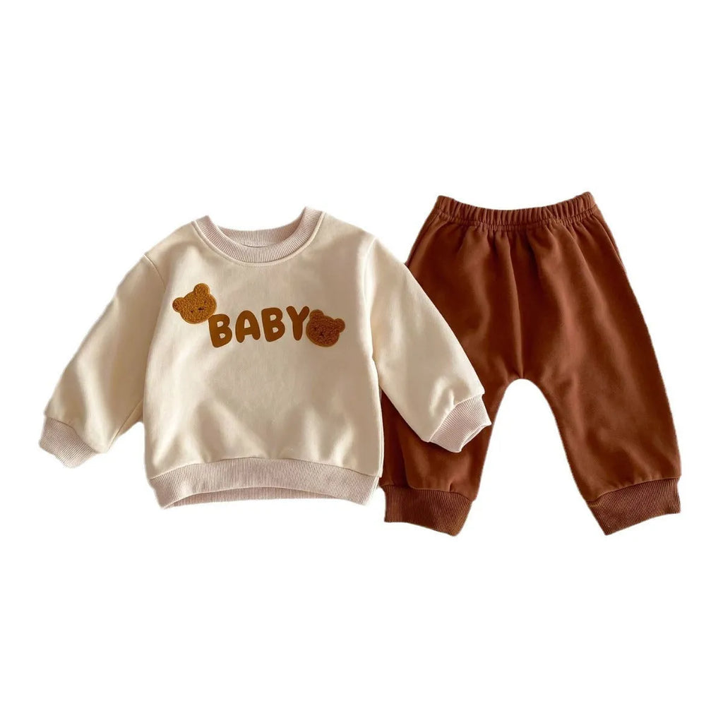 Cotton baby bear suit two-piece set in light beige with animal pattern, available in sizes 73-110cm