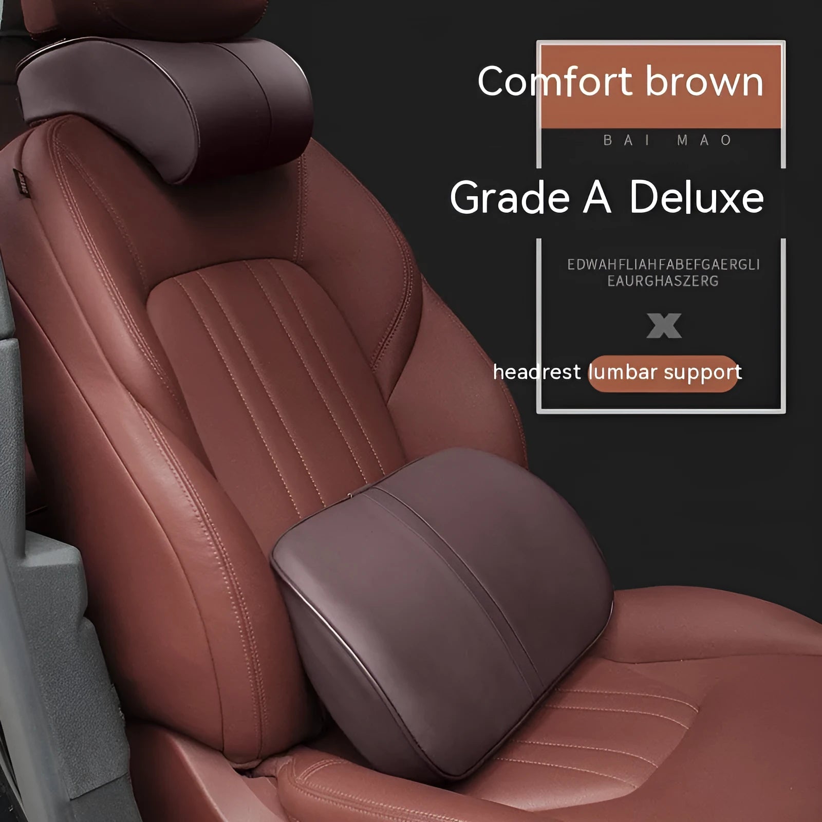 Car seat cushion headrest with memory foam interior and leather exterior in solid colour