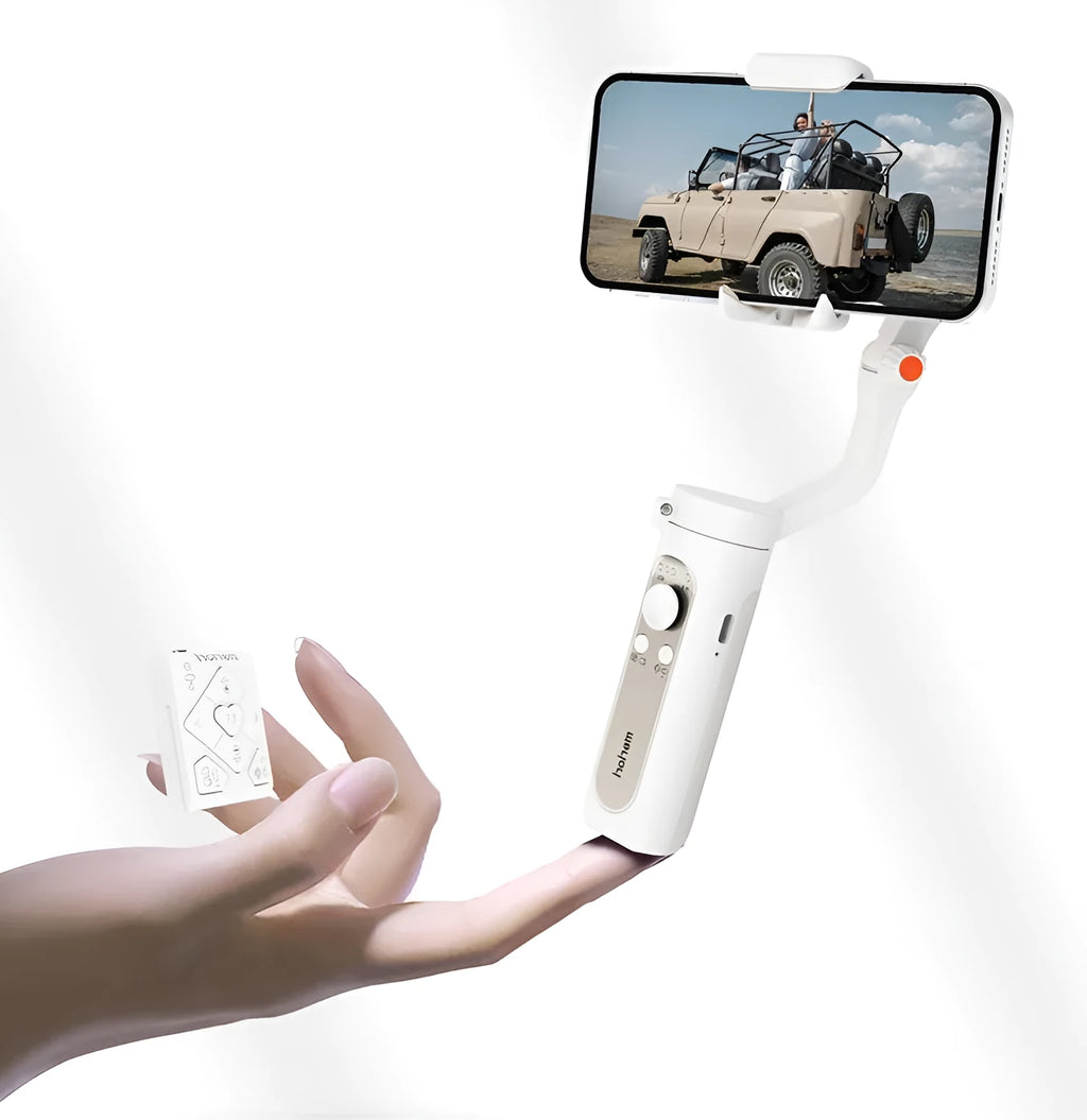Smart anti-shake selfie stick stabilizer in black plastic, folded, with phone clamp visible