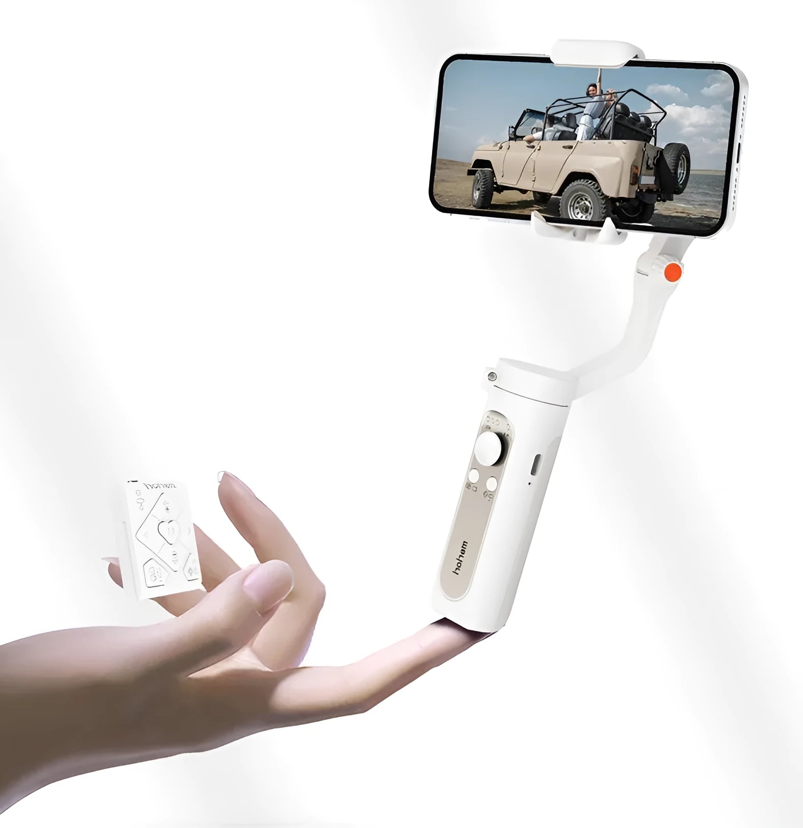 Smart anti-shake selfie stick stabilizer in black plastic, folded, with phone clamp visible
