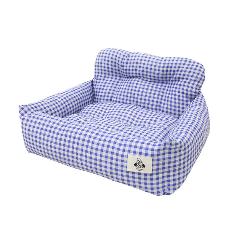 Blue plaid and grey stain-resistant cloth dog nest for car use, showing small and large size options.