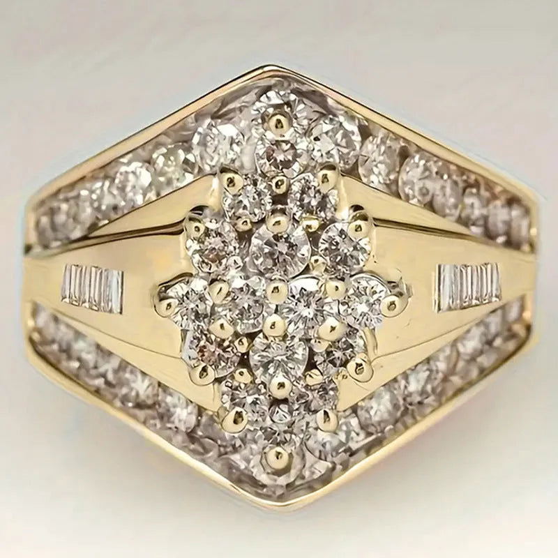 Gold electroplated heavy industry ring with geometric palace style design on copper