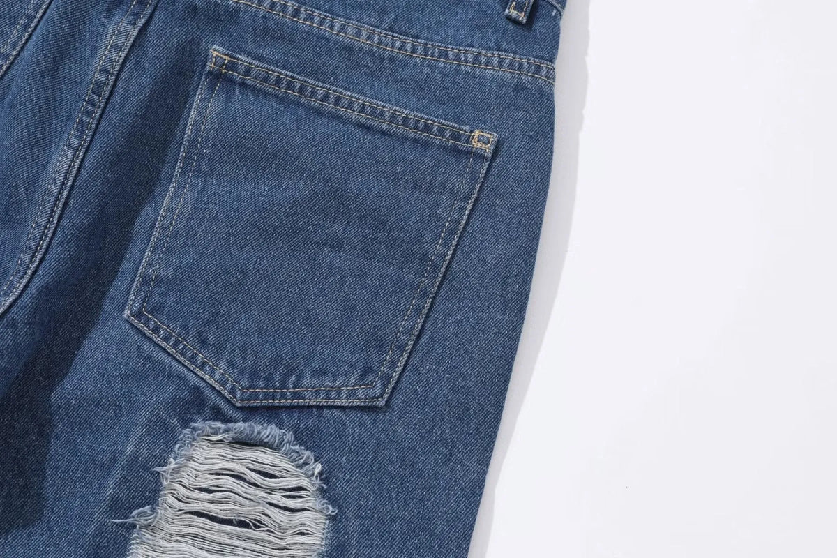 Men's heavy industry hole and patch straight jeans in black or blue, mid waist, cotton, sizes XL 2XL 3XL