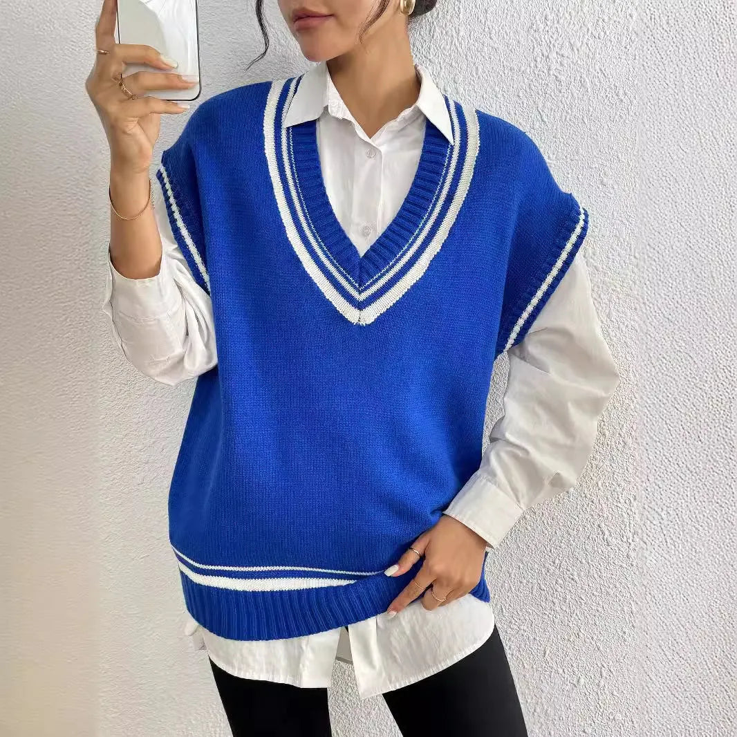 Women's loose college style wool vest sweater pullover in blue, coffee or black colours
