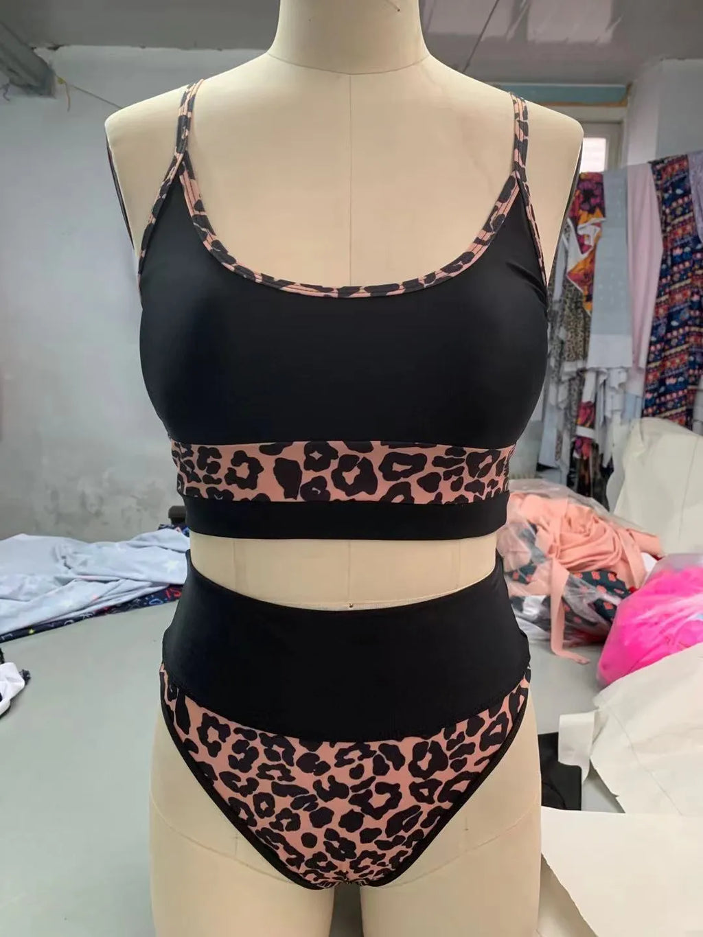 Women's high waist split bikini swimsuit in leopard print or white with briefs style