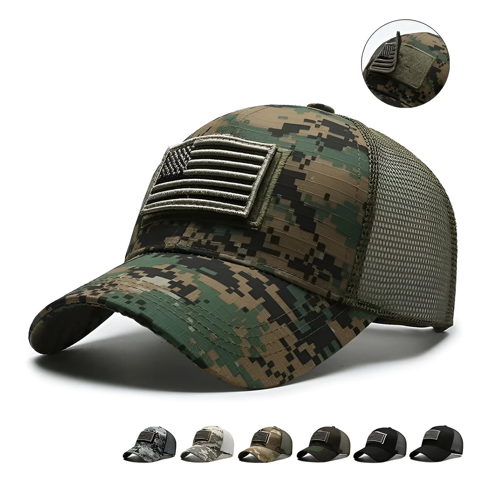 Tactical camouflage baseball cap with adjustable velcro strap and cotton dome crown